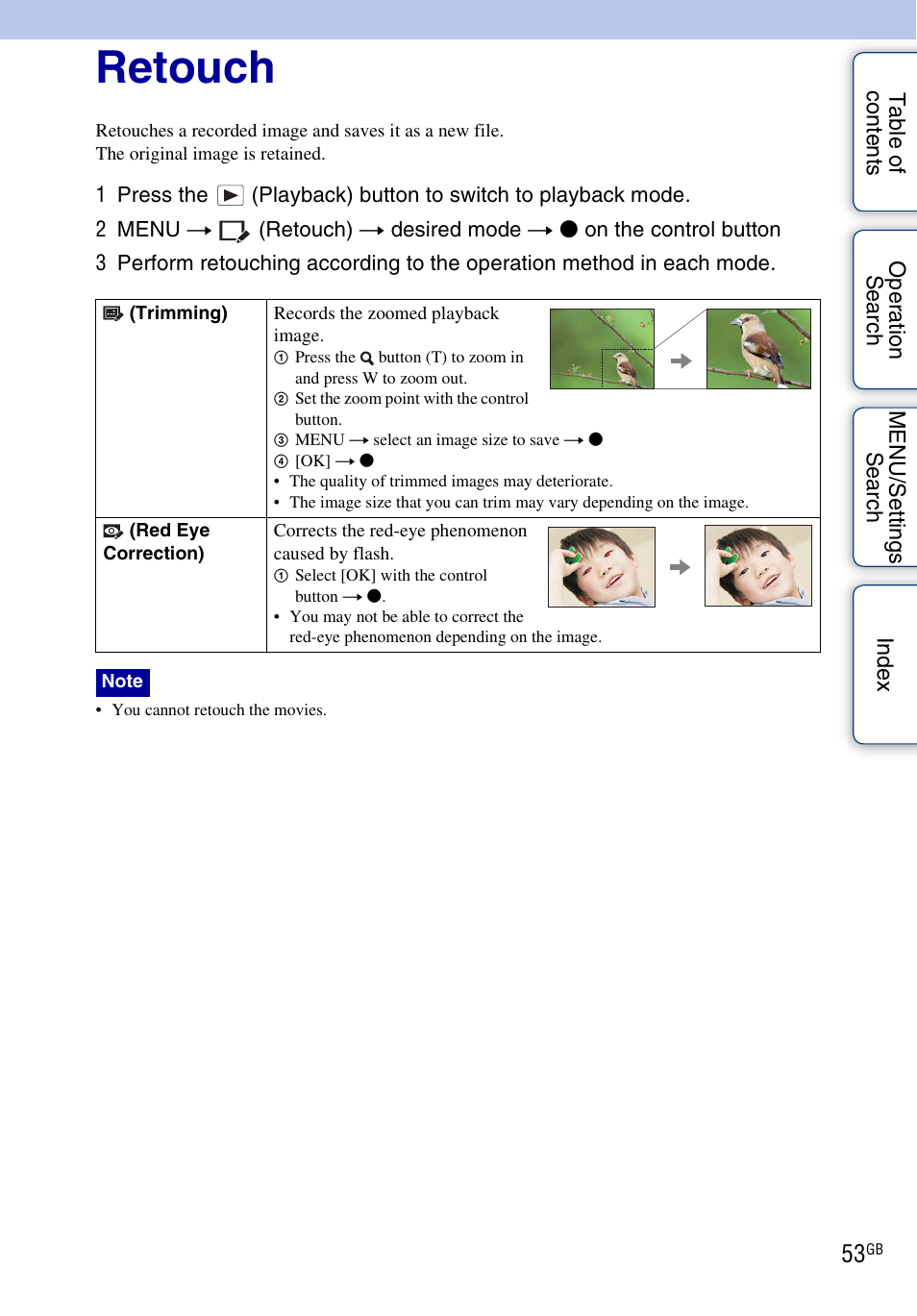 Retouch | Sony DSC-W330 User Manual | Page 53 / 104