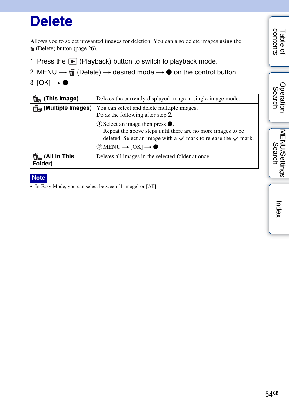 Delete, Delete) | Sony DSC-W330 User Manual | Page 54 / 104