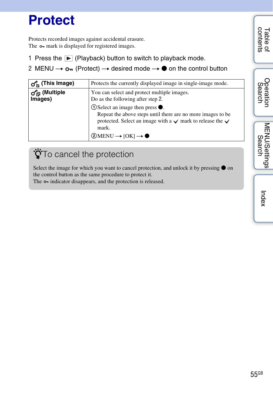 Protect, Protect) | Sony DSC-W330 User Manual | Page 55 / 104