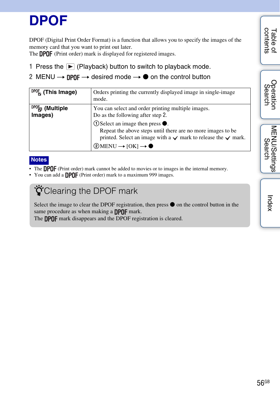 Dpof, Clearing the dpof mark | Sony DSC-W330 User Manual | Page 56 / 104