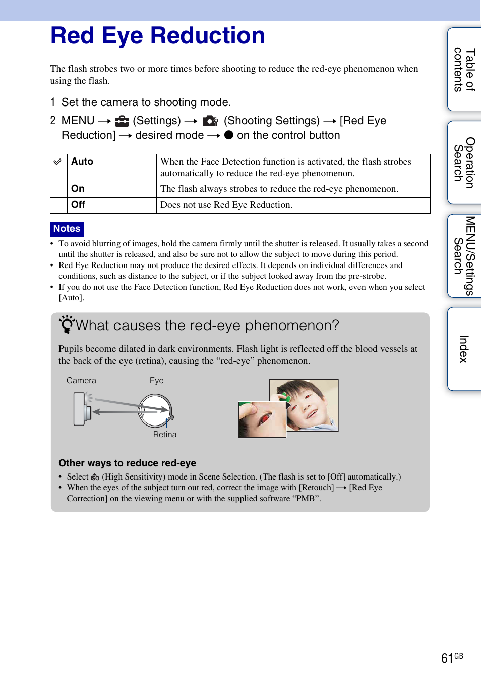 Red eye reduction, What causes the red-eye phenomenon | Sony DSC-W330 User Manual | Page 61 / 104