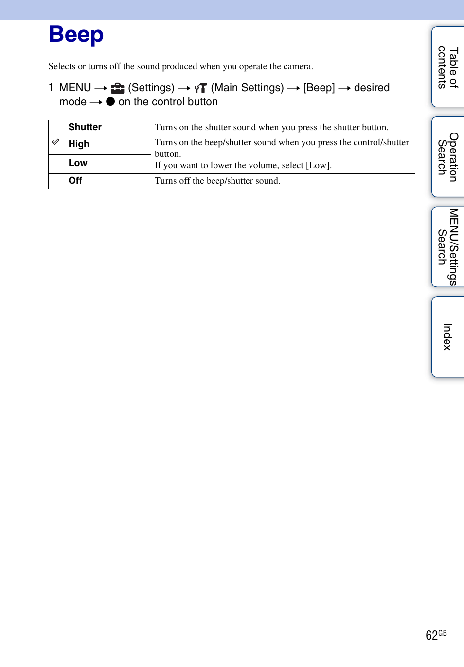 Beep | Sony DSC-W330 User Manual | Page 62 / 104