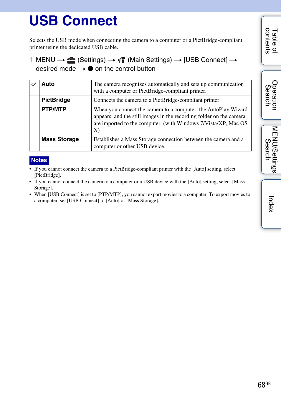 Usb connect | Sony DSC-W330 User Manual | Page 68 / 104