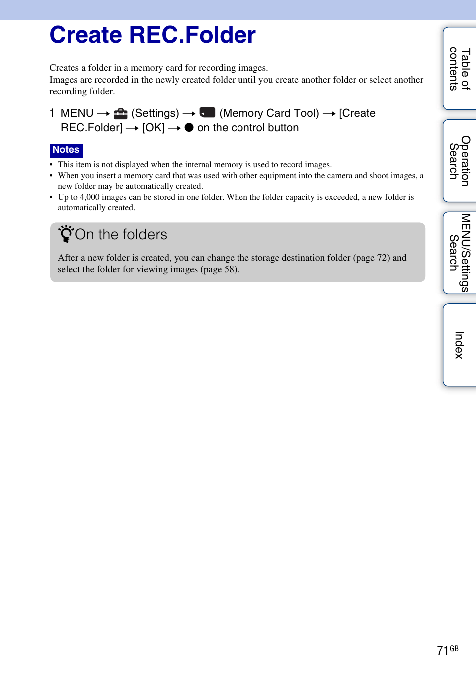 Create rec.folder, On the folders | Sony DSC-W330 User Manual | Page 71 / 104