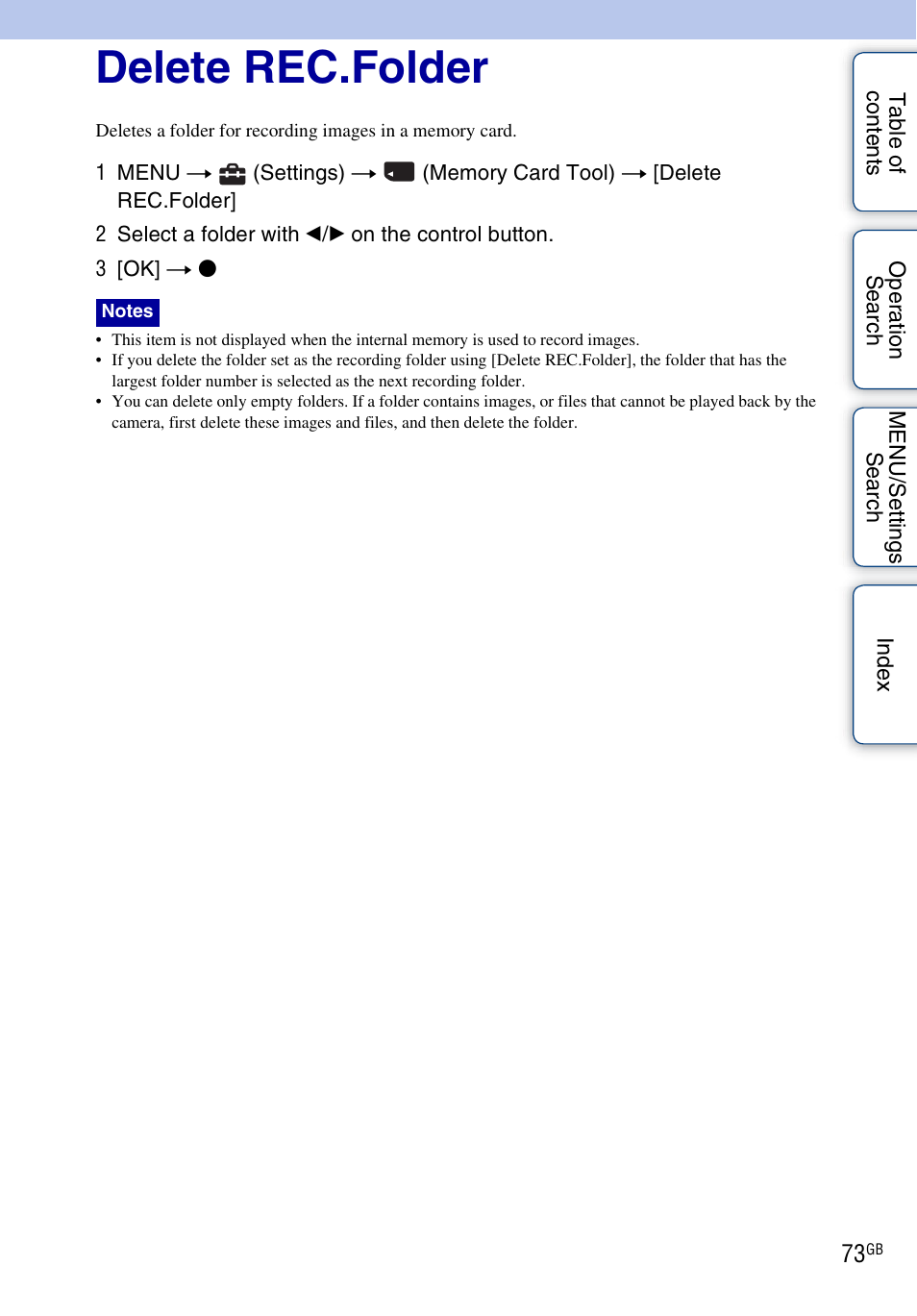 Delete rec.folder | Sony DSC-W330 User Manual | Page 73 / 104