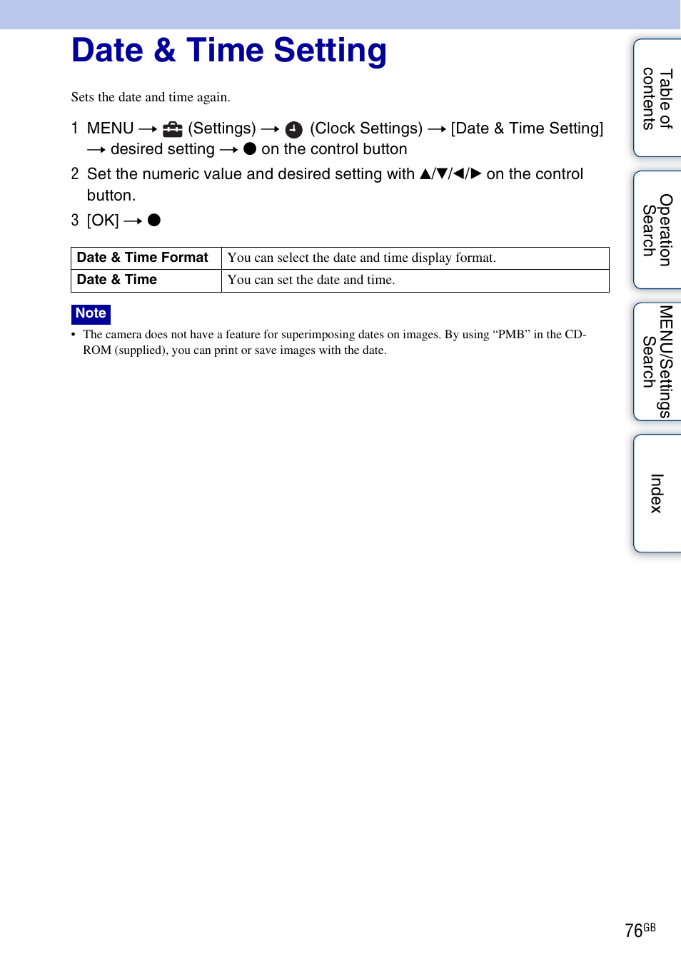 Date & time setting | Sony DSC-W330 User Manual | Page 76 / 104