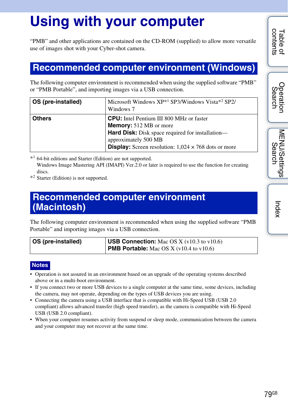 Using with your computer, Recommended computer environment (windows), Recommended computer environment (macintosh) | Sony DSC-W330 User Manual | Page 79 / 104