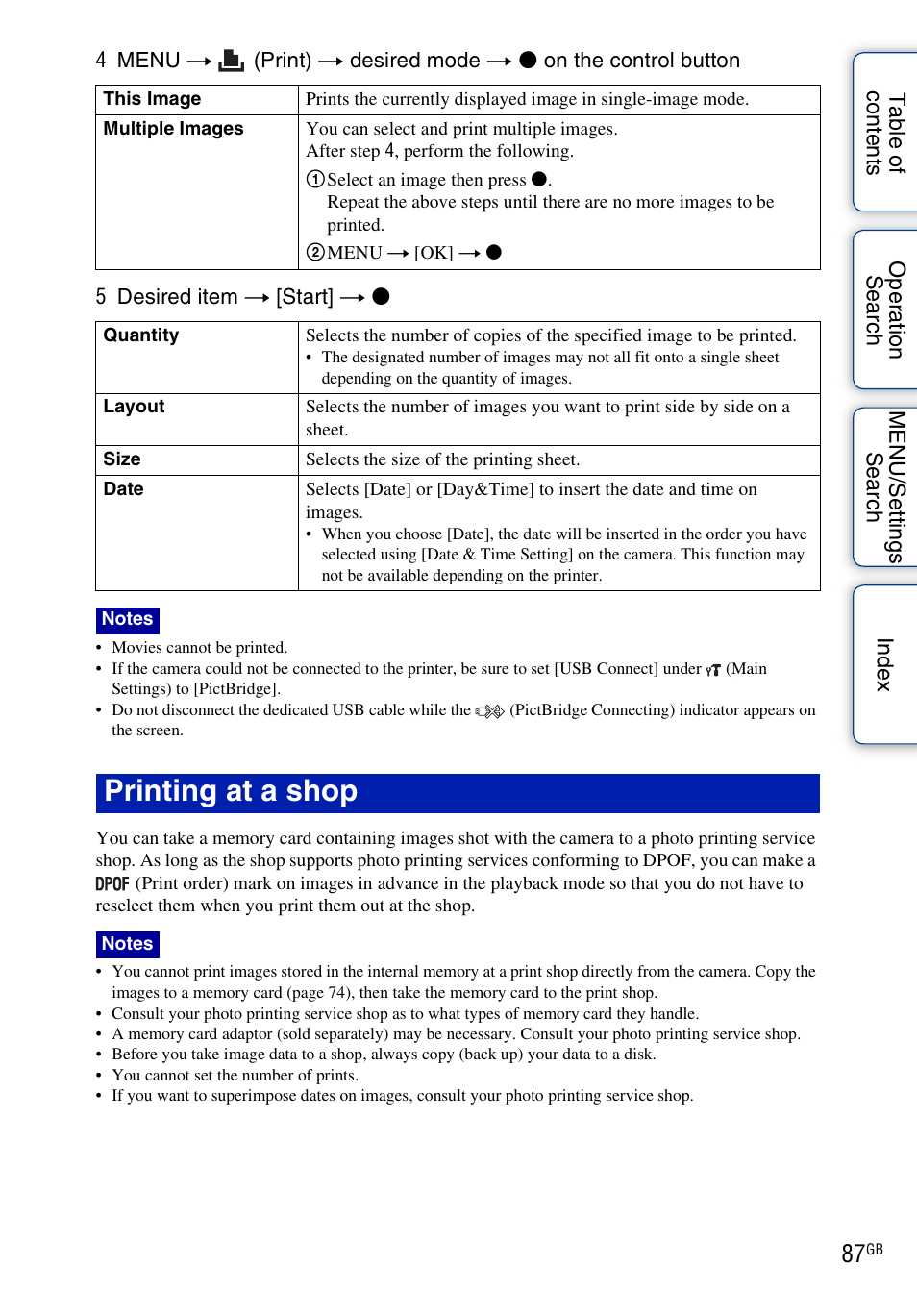 Printing at a shop | Sony DSC-W330 User Manual | Page 87 / 104