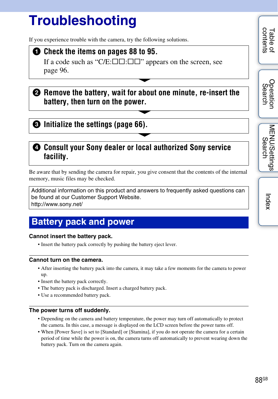 Troubleshooting, Battery pack and power | Sony DSC-W330 User Manual | Page 88 / 104
