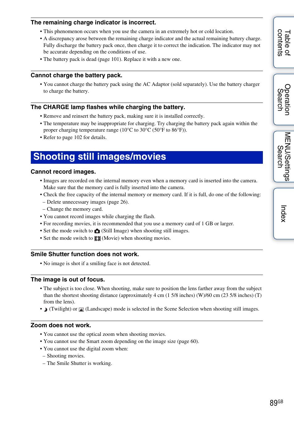 Shooting still images/movies | Sony DSC-W330 User Manual | Page 89 / 104