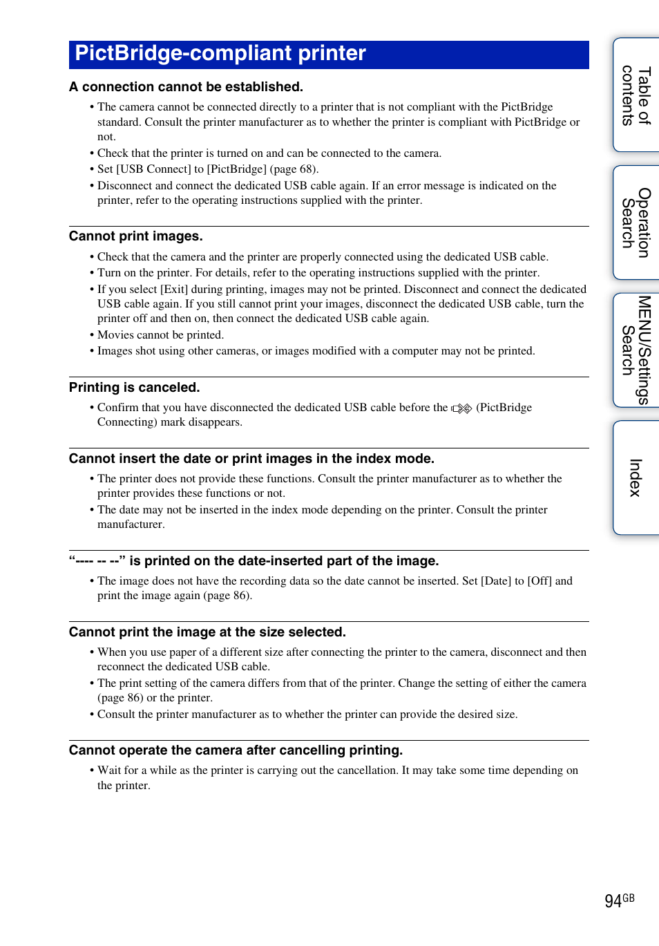 See “pictbridge-compliant printer, Pictbridge-compliant printer | Sony DSC-W330 User Manual | Page 94 / 104