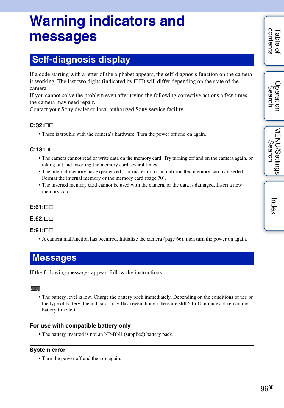 Warning indicators and messages, Self-diagnosis display messages | Sony DSC-W330 User Manual | Page 96 / 104