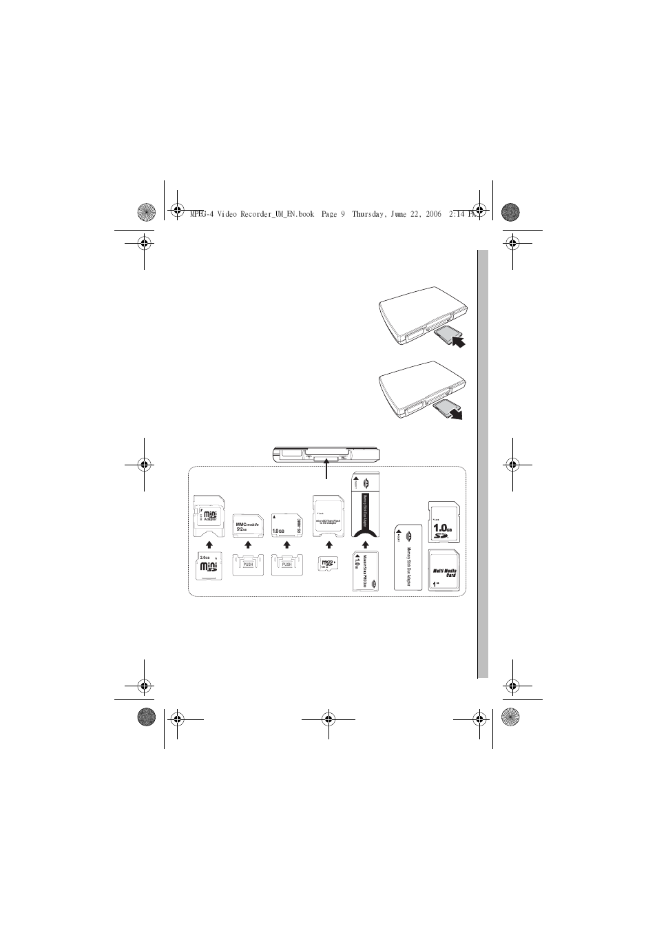 Inserting the ms, mmc,sd series memory card | Sony MPEG4 Video Recorder User Manual | Page 13 / 54