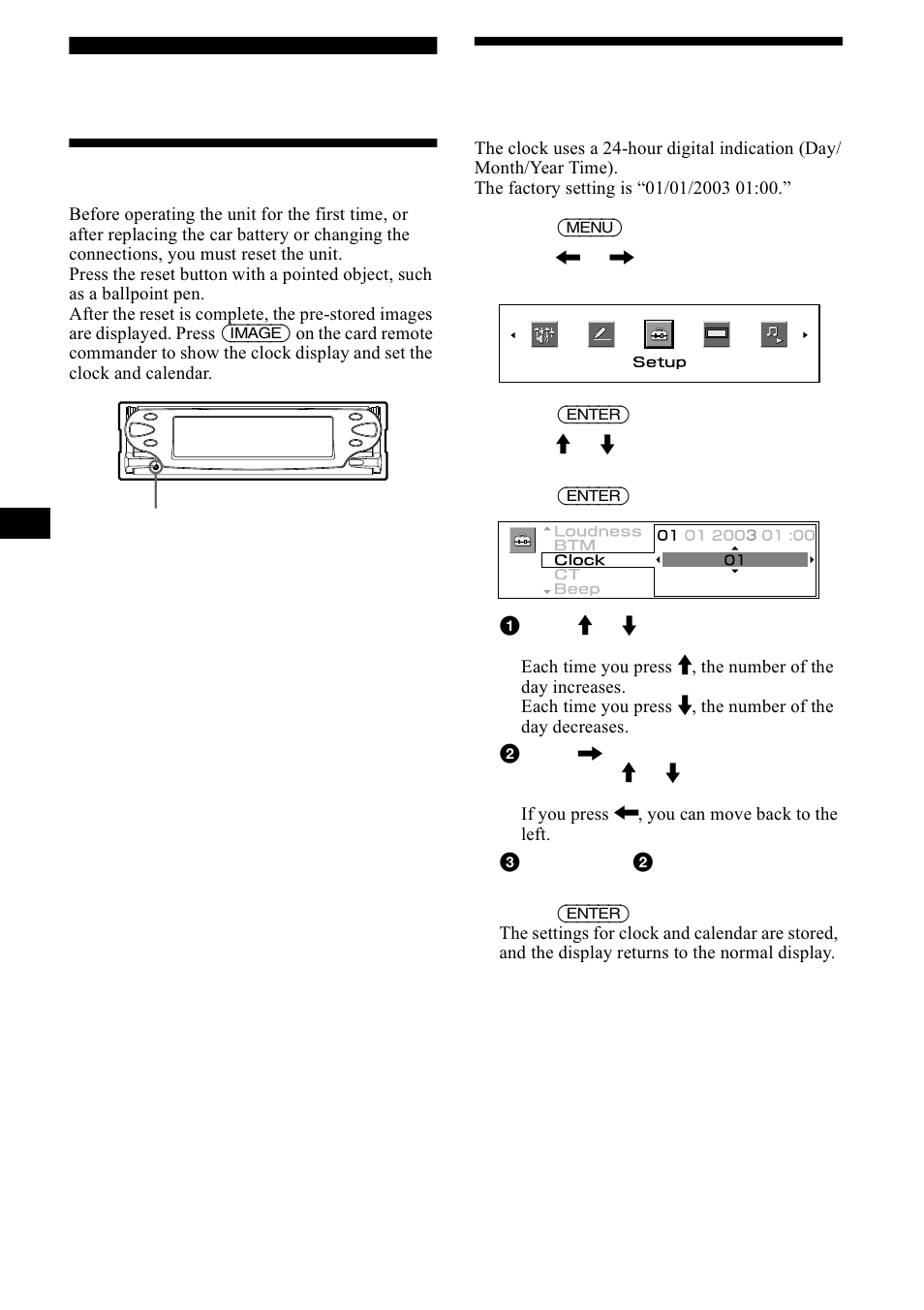 Getting started, Resetting the unit, Setting the clock and the calendar | 5hvhwwlqj wkh xqlw, 6hwwlqj wkh forfn dqg wkh fdohqgdu | Sony CDX-M1000TF User Manual | Page 10 / 84