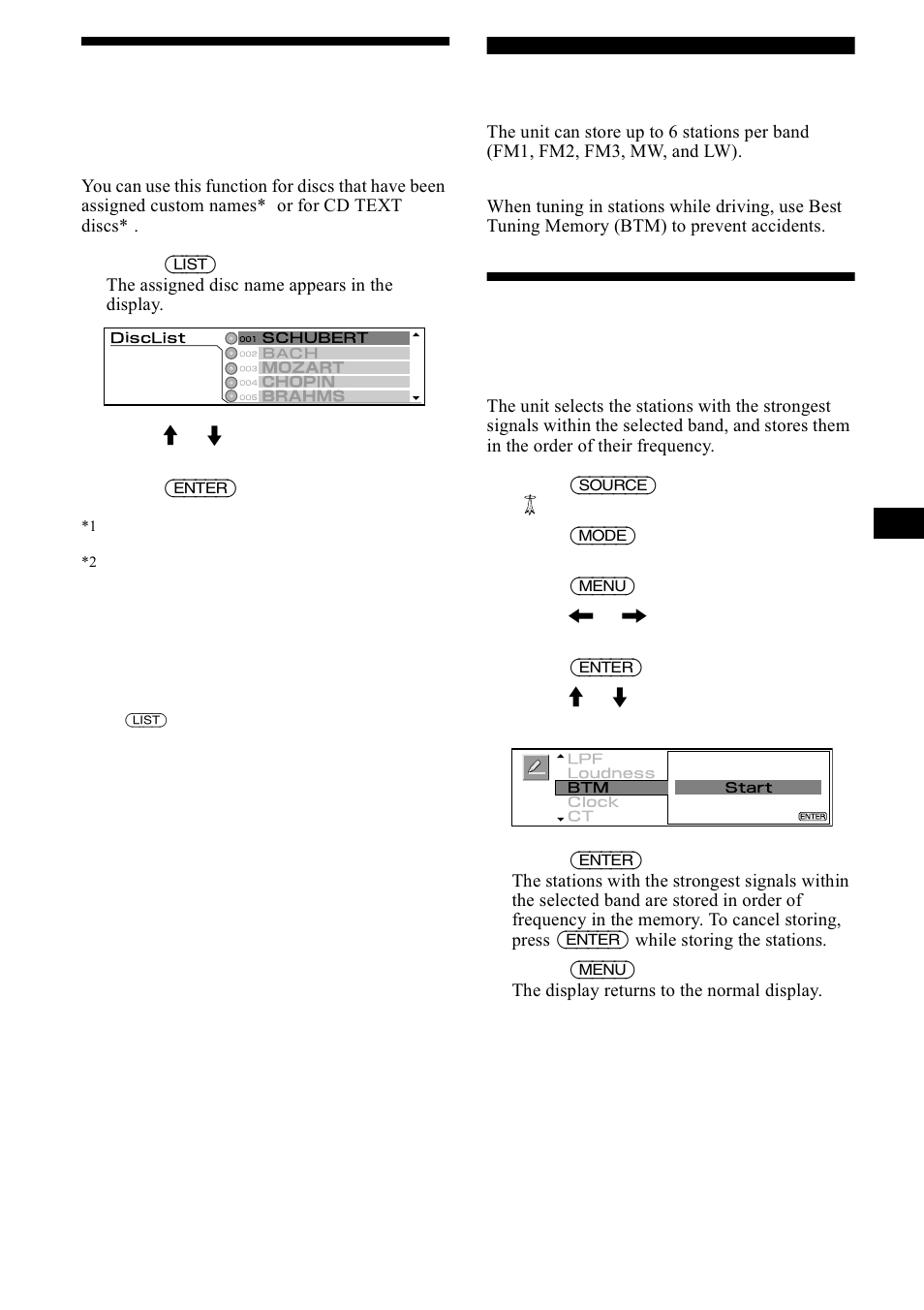 Locating a disc by name, List-up, Radio | Storing stations automatically, Best tuning memory (btm), Rfdwlqj d glvf e\ qdph, Lvwxs, 6wrulqj vwdwlrqv dxwrpdwlfdoo, Hvw 7xqlqj 0hpru\ %70, On 15 | Sony CDX-M1000TF User Manual | Page 15 / 84