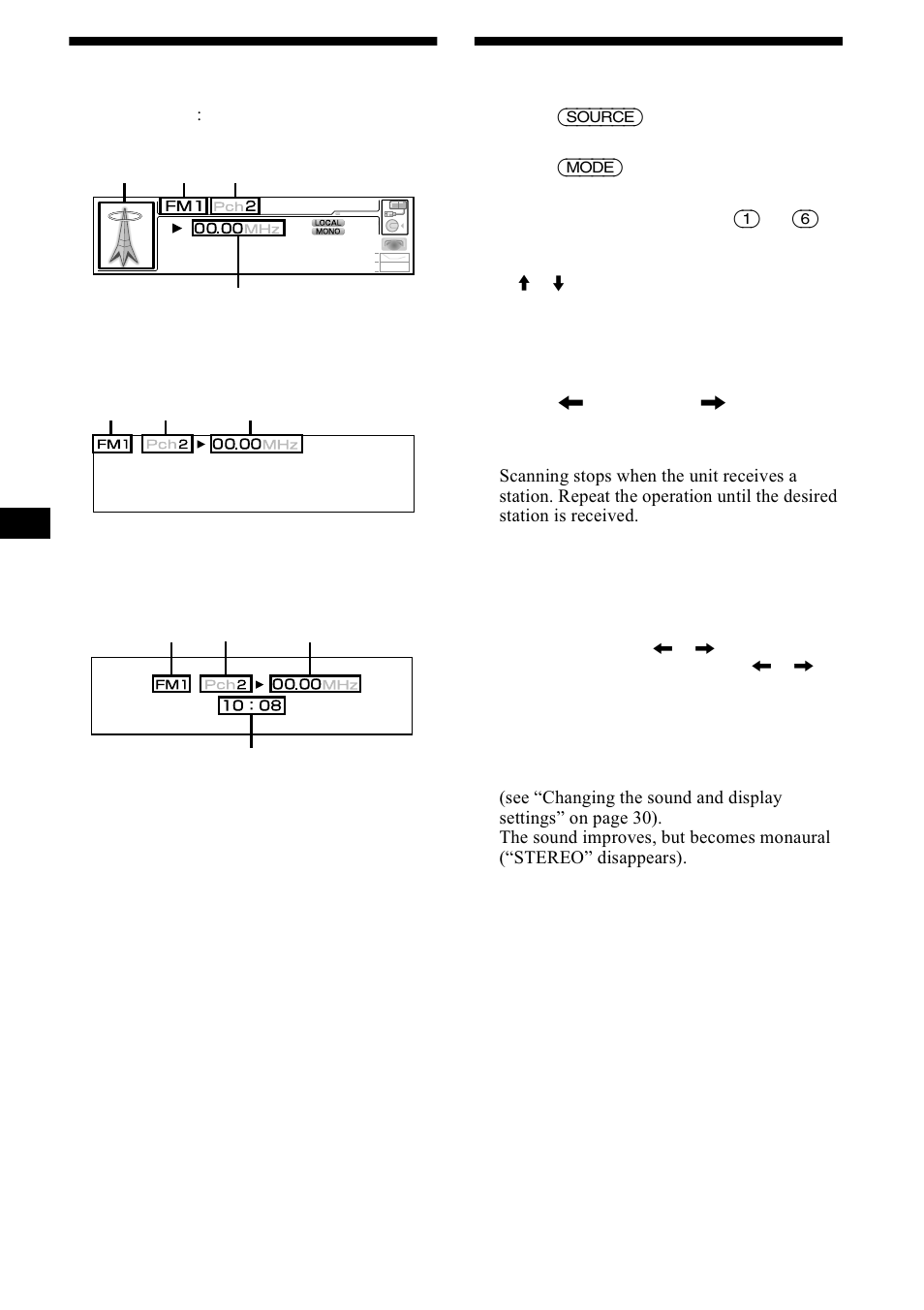 Display items, Receiving the stored stations, Lvsod\ lwhpv | 5hfhlylqj wkh vwruhg vwdwlrqv, 16 display items | Sony CDX-M1000TF User Manual | Page 16 / 84