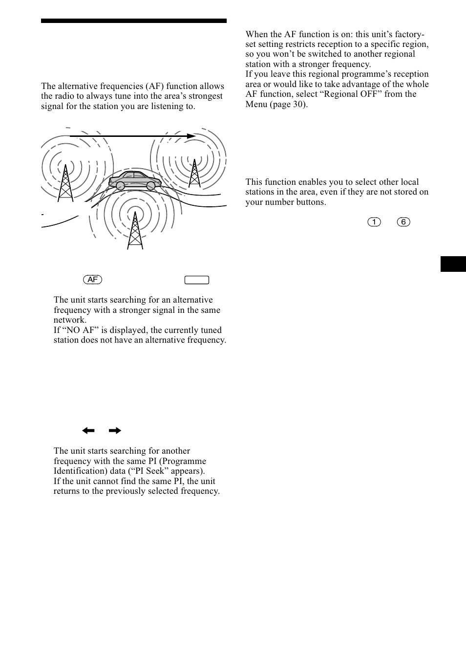 Automatic retuning for best reception results, Af function, Xwrpdwlf uhwxqlqj iru ehvw uhfhswlrq uhvxowv | Ixqfwlrq, On 19, Sdjh, 19 automatic retuning for best reception results | Sony CDX-M1000TF User Manual | Page 19 / 84