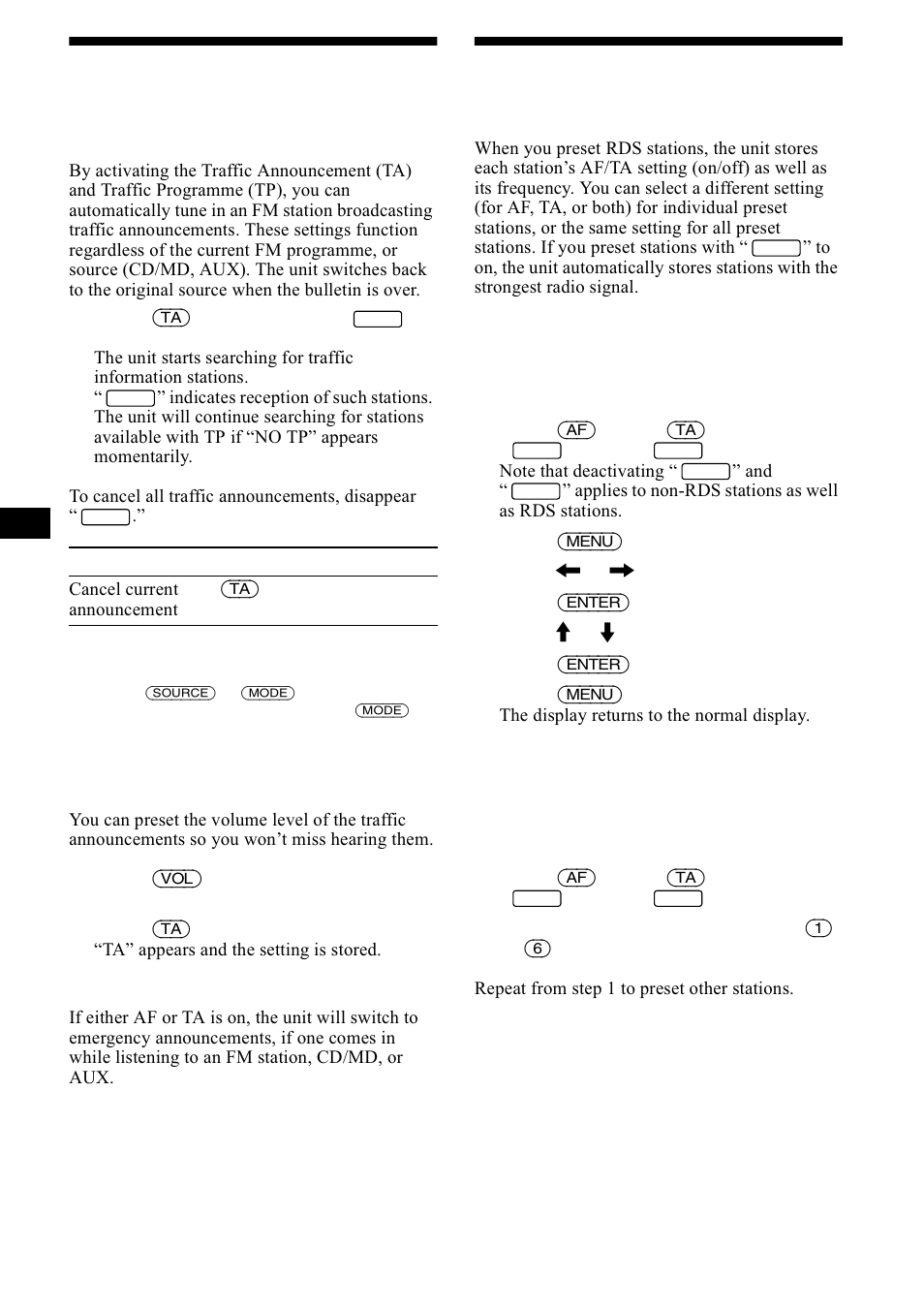 Receiving traffic announcements, Ta/tp, Presetting rds stations with af and ta setting | 5hfhlylqj wudiilf dqqrxqfhphqwv, 3uhvhwwlqj 5'6 vwdwlrqv zlwk $) dqg 7, Vhwwlqj, Sdjh, 20 receiving traffic announcements | Sony CDX-M1000TF User Manual | Page 20 / 84