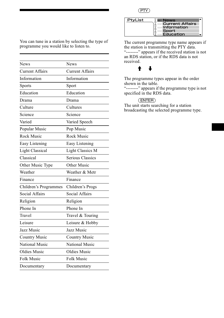 Tuning in stations by programme type, 7xqlqj lq vwdwlrqv e\ surjudpph w\sh, Sdjh | 21 tuning in stations by programme type | Sony CDX-M1000TF User Manual | Page 21 / 84