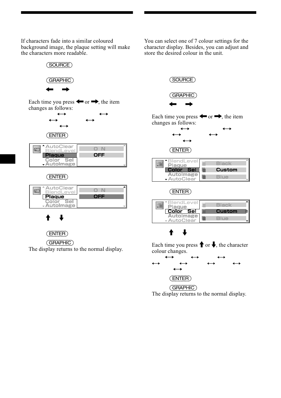 Setting a plaque, Plaque, Setting the character colour | Color sel, 6hwwlqj d 3odtxh, 3odtxh, 6hwwlqj wkh fkdudfwhu frorxu, Roru 6ho, 26 setting a plaque | Sony CDX-M1000TF User Manual | Page 26 / 84