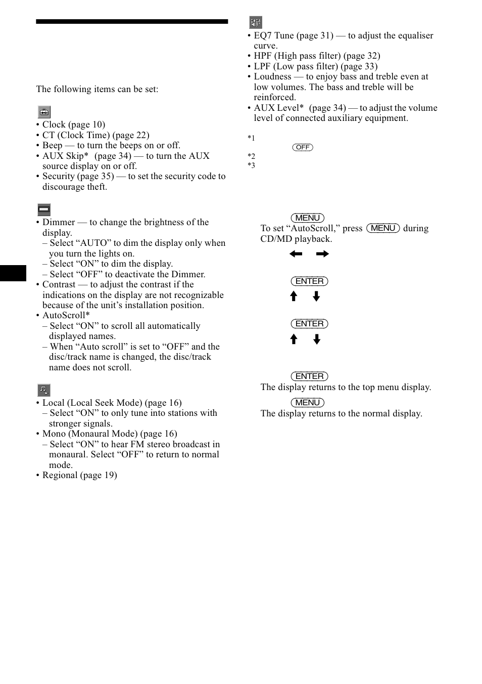 Changing the sound and display settings, Menu, Kdqjlqj wkh vrxqg dqg glvsod\ vhwwlqjv | 0hqx, Vhh ³&kdqjlqj wkh vrxqg dqg glvsod, Vhwwlqjv´ rq sdjh, 30 changing the sound and display settings | Sony CDX-M1000TF User Manual | Page 30 / 84