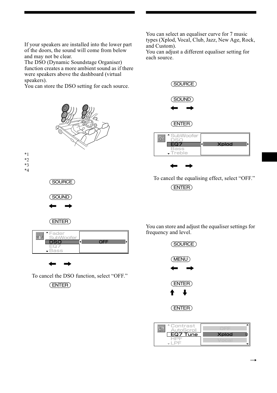 Setting the dynamic soundstage organiser (dso), Setting the equaliser (eq7), 6hwwlqj wkh '\qdplf 6rxqgvwdjh 2ujdqlvhu | 6hwwlqj wkh htxdolvhu (4, Sdjh, 31 setting the dynamic soundstage organiser (dso) | Sony CDX-M1000TF User Manual | Page 31 / 84