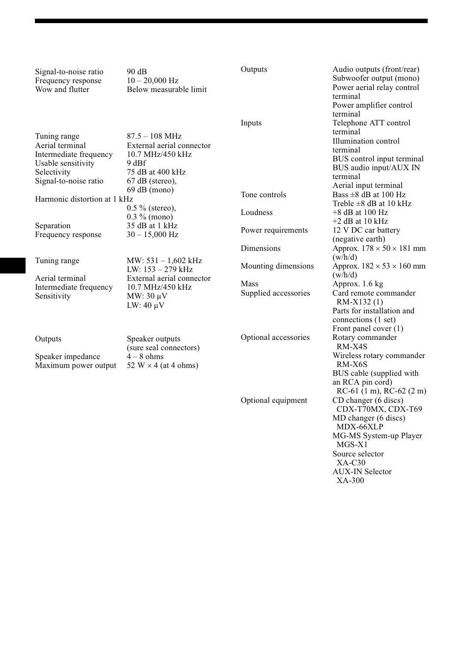 Specifications, 6shflilfdwlrqv, 38 specifications | General | Sony CDX-M1000TF User Manual | Page 38 / 84