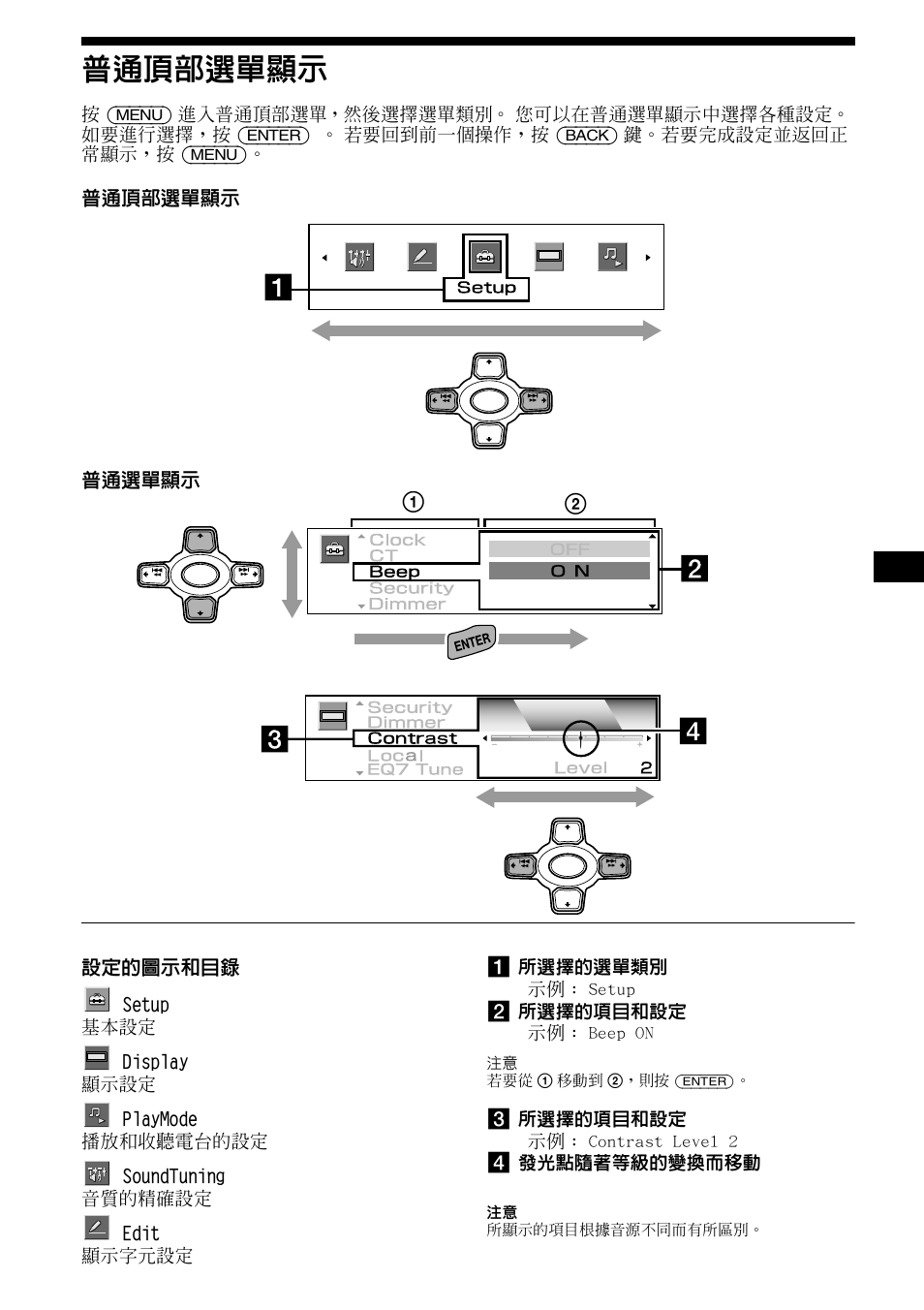 普通頂部選單顯示, 9普通頂部選單顯示, Menu) | Enter), Back), 普通頂部選單顯示 普通選單顯示 設定的圖示和目錄, 進入普通頂部選單，然後選擇選單類別。 您可以在普通選單顯示中選擇各種設定。 如要進行選擇，按, 若要回到前一個操作，按, 鍵。若要完成設定並返回正 常顯示，按, 所選擇的選單類別 示例 : setup | Sony CDX-M1000TF User Manual | Page 49 / 84