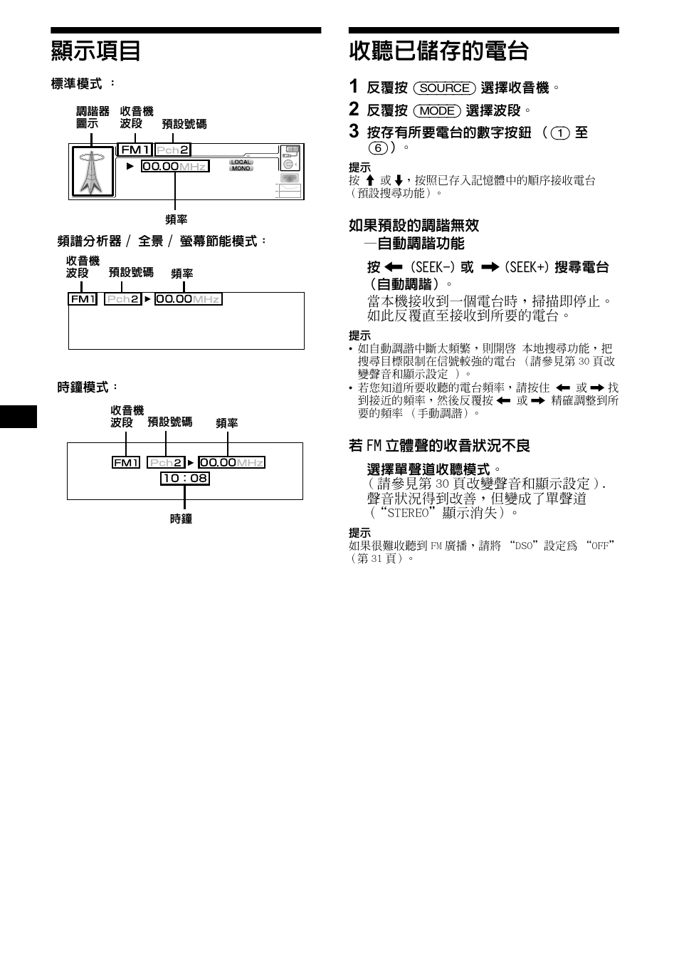 顯示項目, 收聽已儲存的電台, 顯示項目 收聽已儲存的電台 | 16 顯示項目 | Sony CDX-M1000TF User Manual | Page 56 / 84