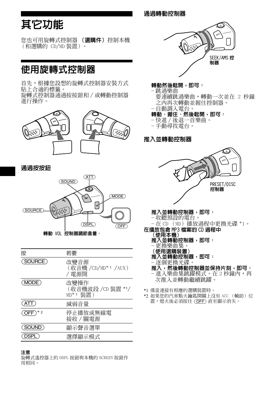 其它功能, 使用旋轉式控制器 | Sony CDX-M1000TF User Manual | Page 68 / 84