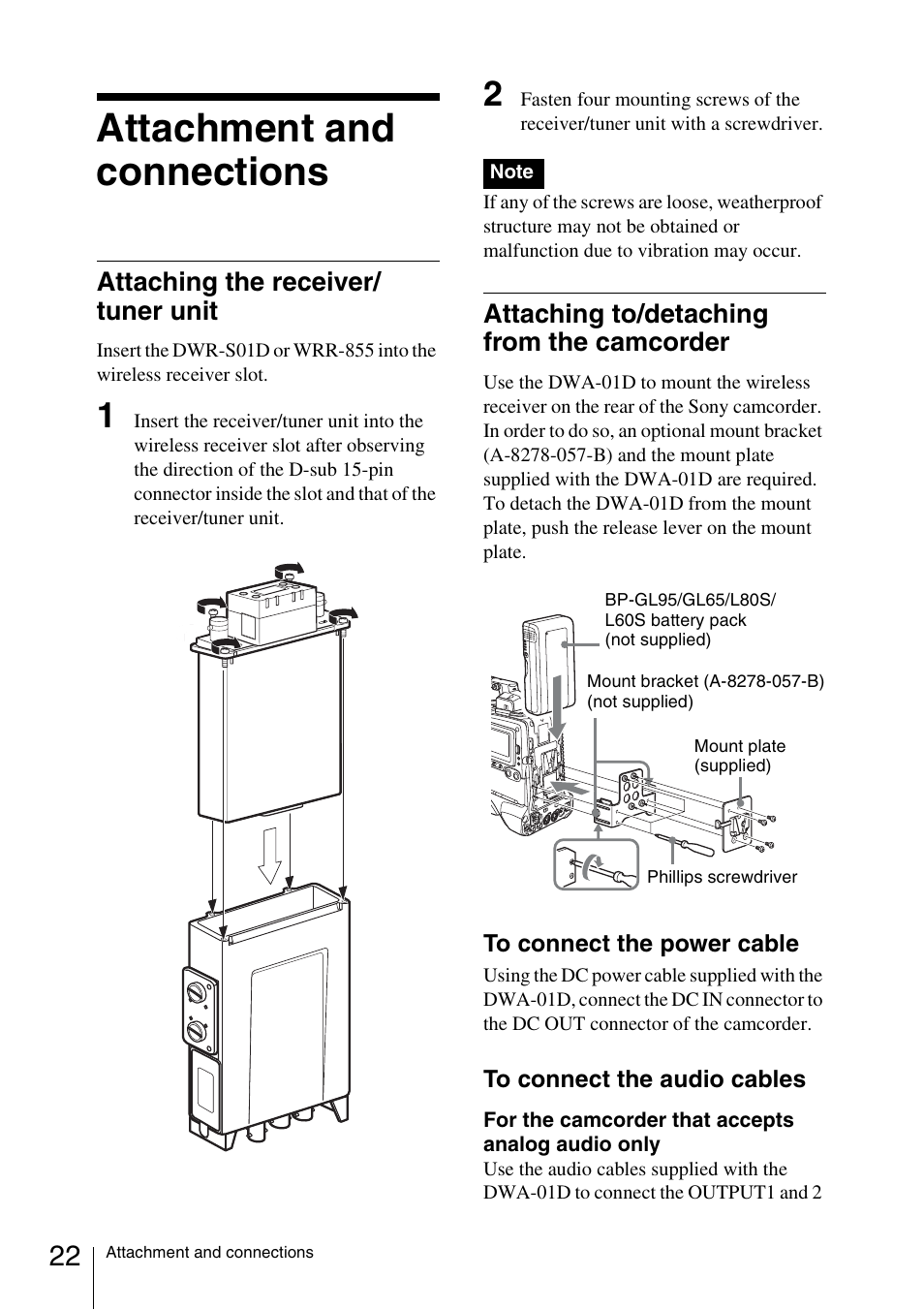 Attachment and connections, Attaching the receiver/ tuner unit, Attaching to/detaching from the camcorder | Sony DWA-01D User Manual | Page 22 / 83