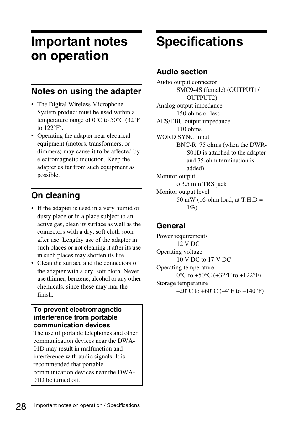 Important notes on operation, Notes on using the adapter, On cleaning | Specifications, Notes on using the adapter on cleaning | Sony DWA-01D User Manual | Page 28 / 83