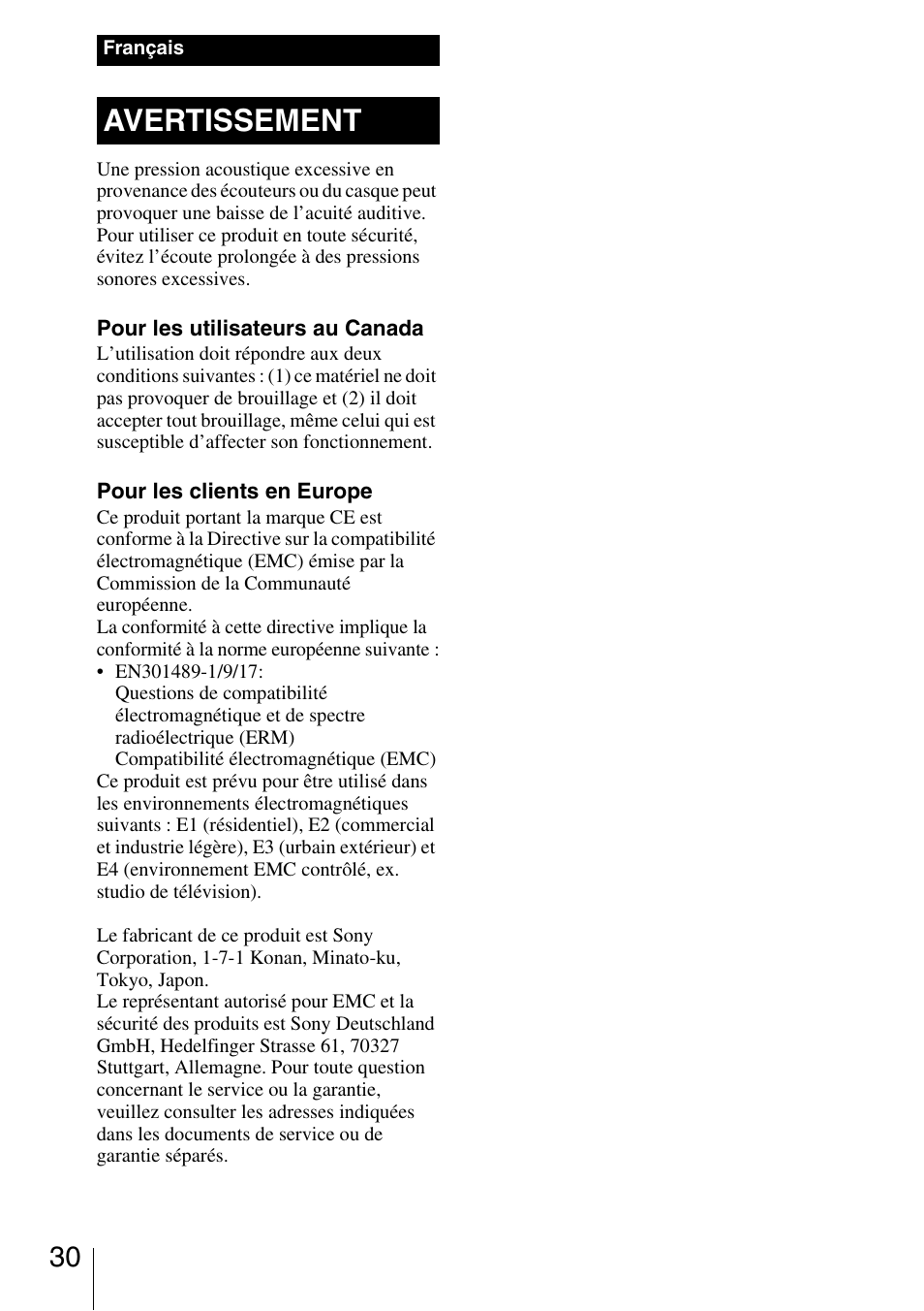 Avertissement | Sony DWA-01D User Manual | Page 30 / 83