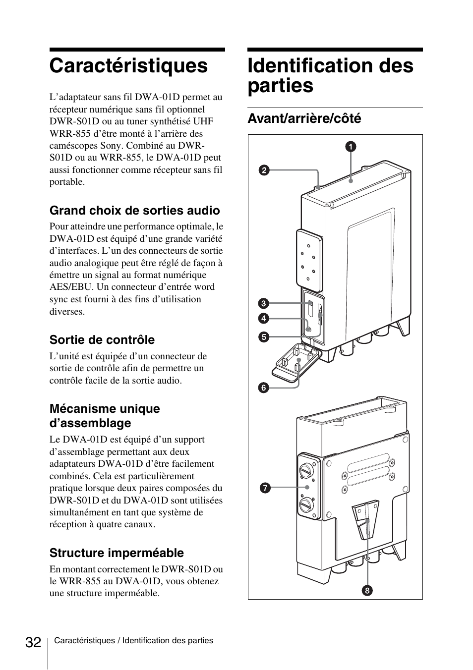 Caractéristiques, Identification des parties, Avant/arrière/côté | Caractéristiques identification des parties | Sony DWA-01D User Manual | Page 32 / 83