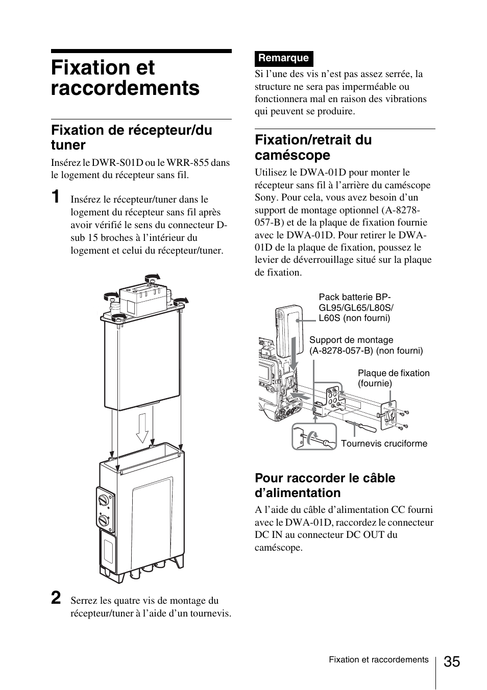 Fixation et raccordements, Fixation de récepteur/du tuner, Fixation/retrait du caméscope | Sony DWA-01D User Manual | Page 35 / 83