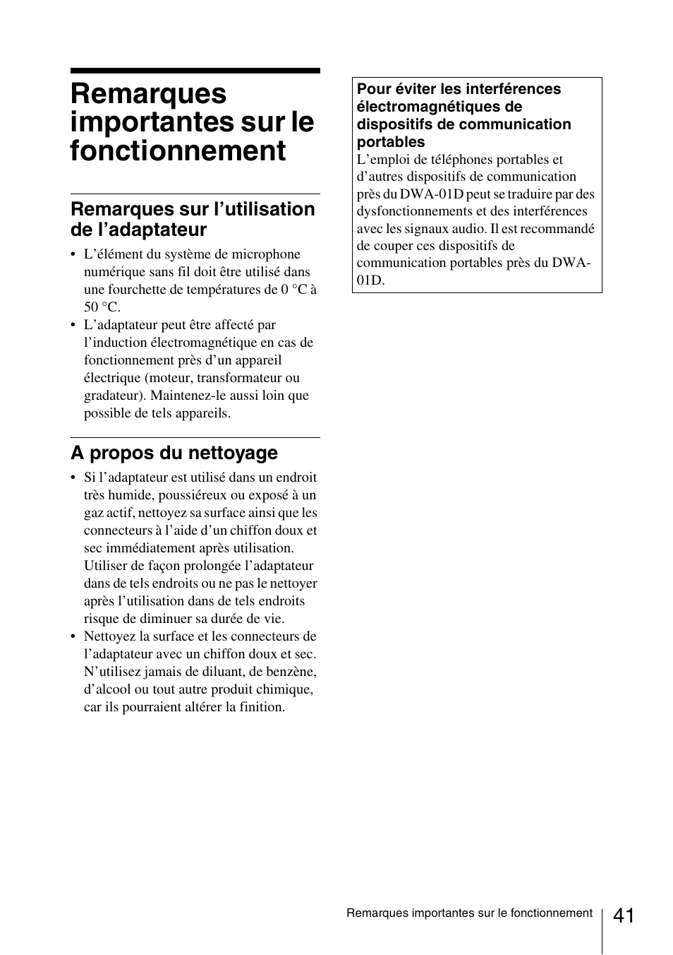 Remarques importantes sur le fonctionnement, Remarques sur l’utilisation de l’adaptateur, A propos du nettoyage | Sony DWA-01D User Manual | Page 41 / 83