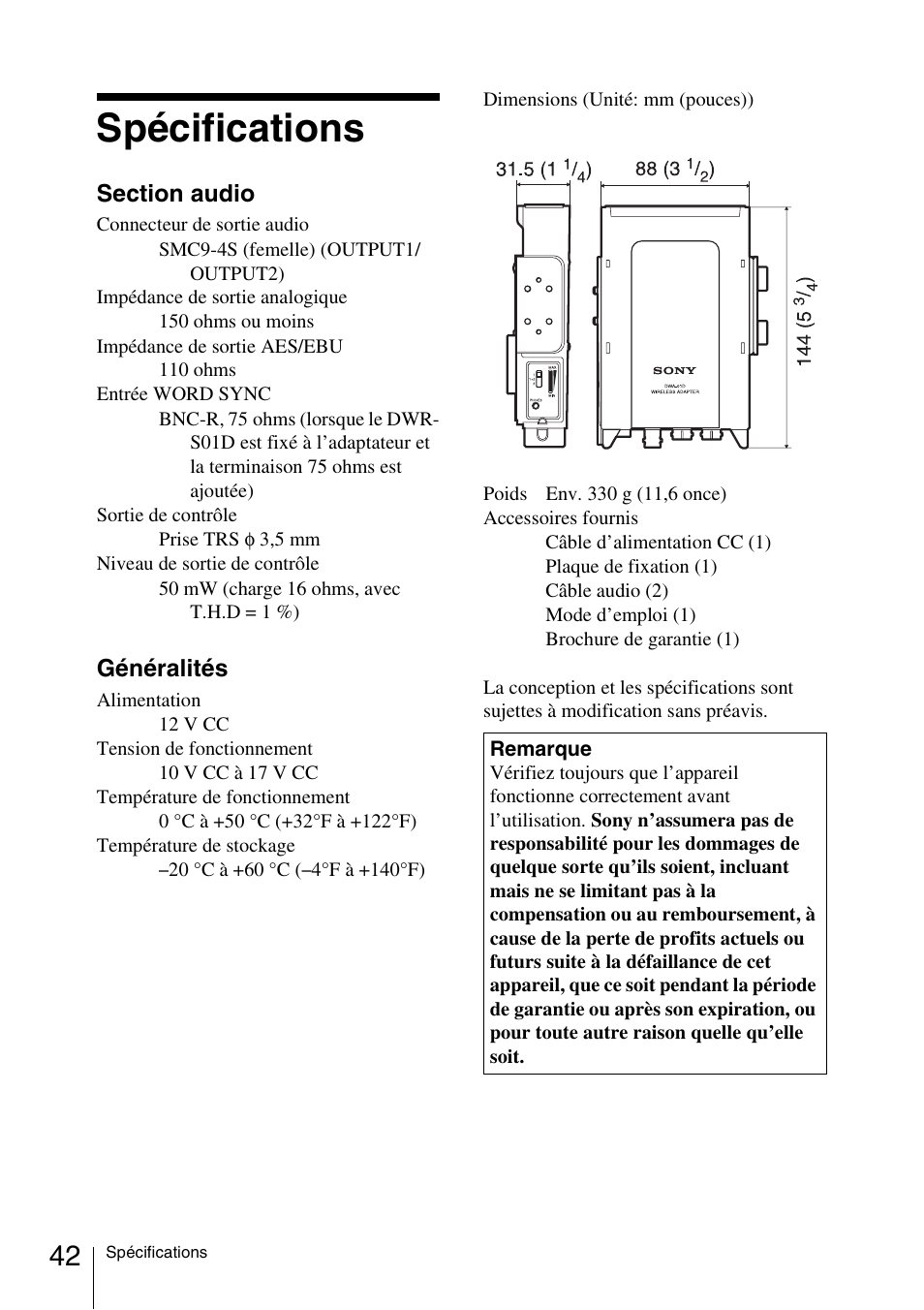 Spécifications | Sony DWA-01D User Manual | Page 42 / 83