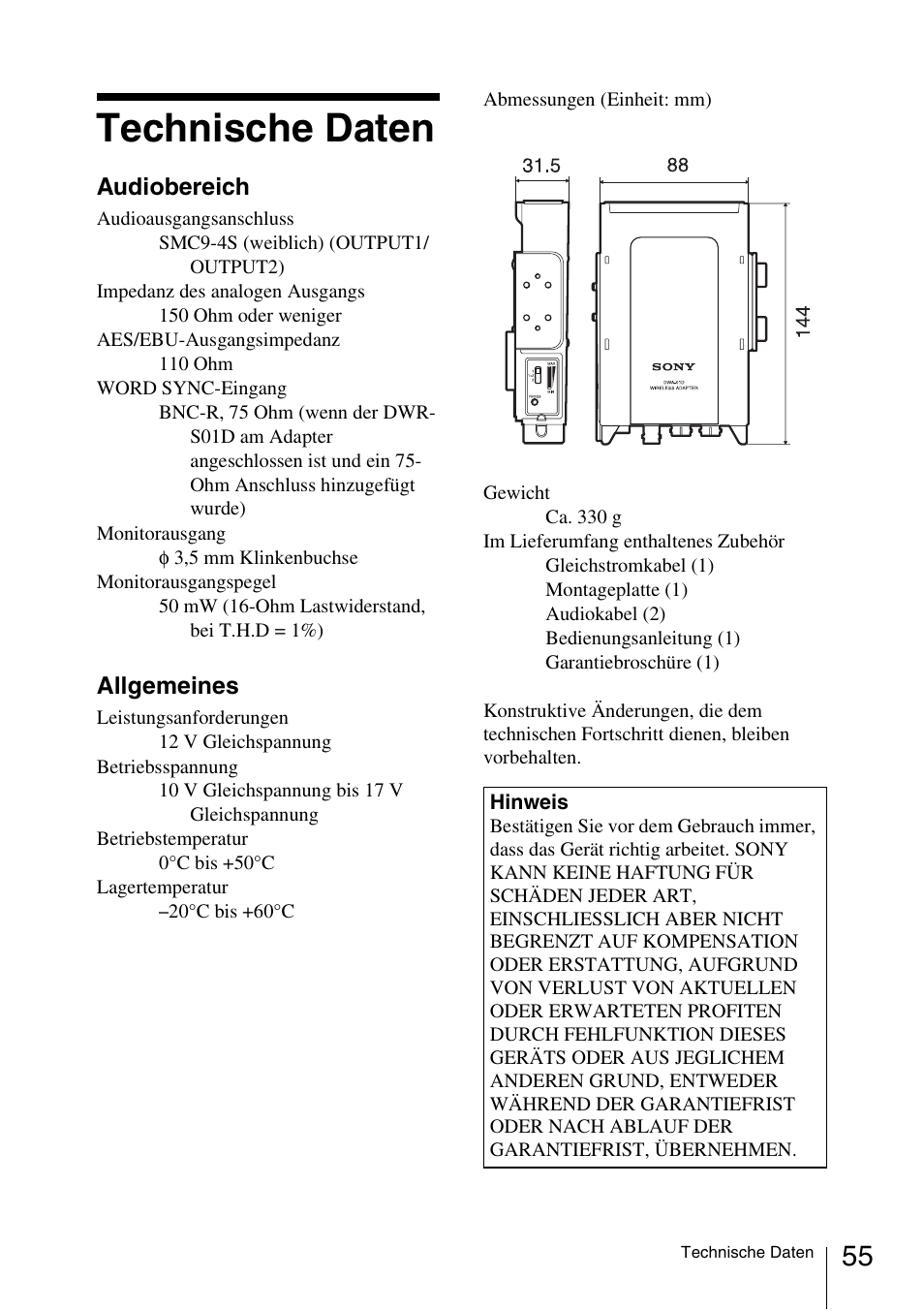 Technische daten | Sony DWA-01D User Manual | Page 55 / 83