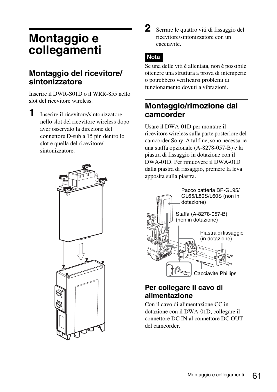 Montaggio e collegamenti, Montaggio del ricevitore/ sintonizzatore, Montaggio/rimozione dal camcorder | Sony DWA-01D User Manual | Page 61 / 83