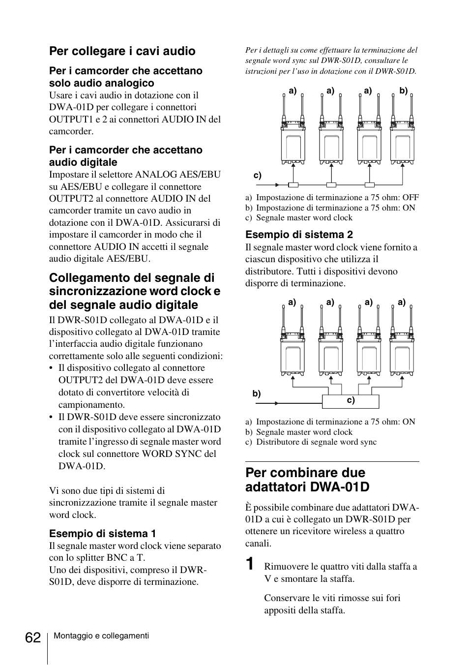 Per combinare due adattatori dwa-01d, Per collegare i cavi audio | Sony DWA-01D User Manual | Page 62 / 83