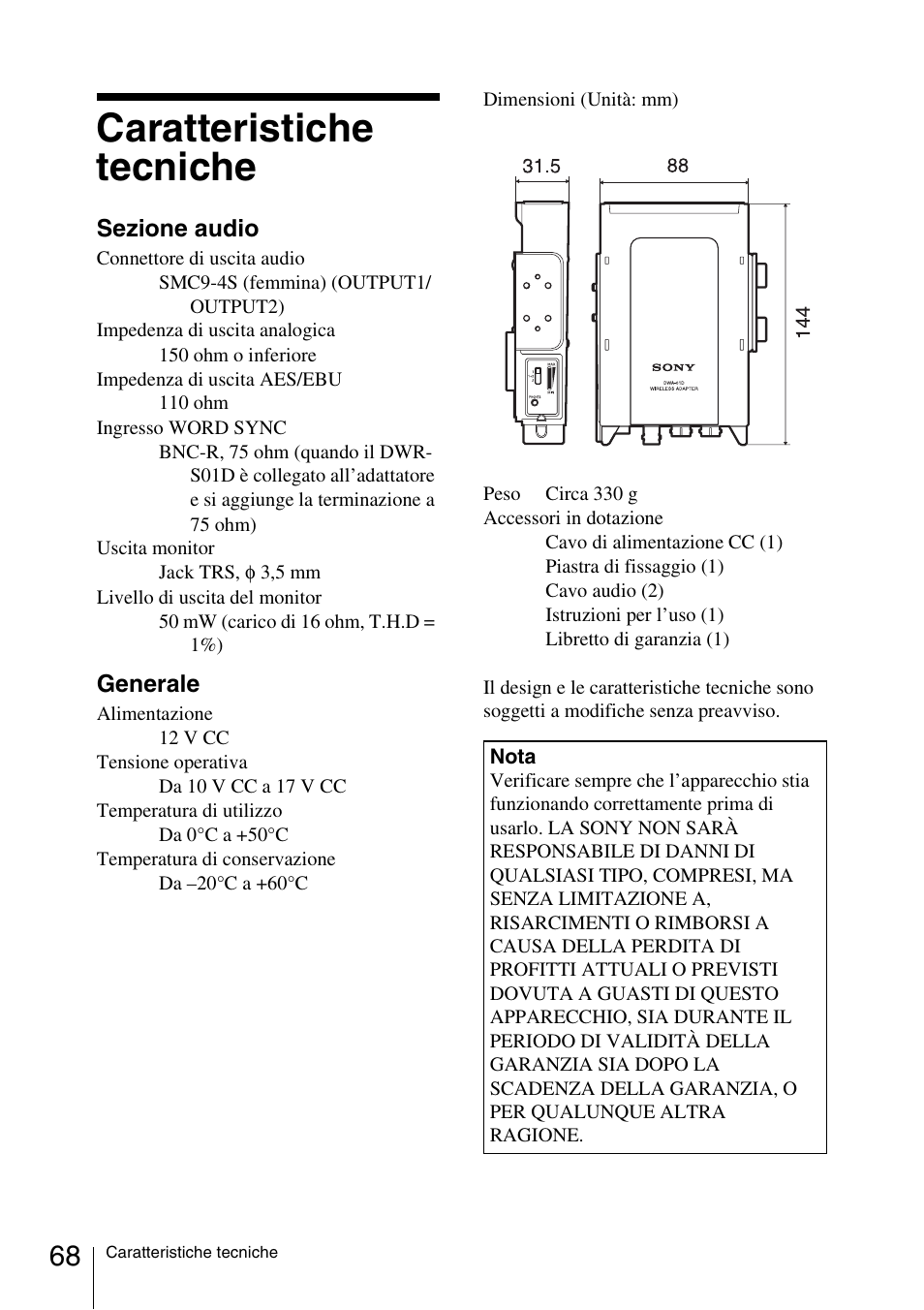 Caratteristiche tecniche | Sony DWA-01D User Manual | Page 68 / 83