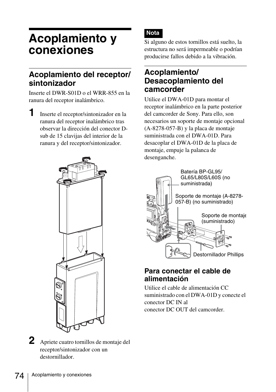 Acoplamiento y conexiones, Acoplamiento del receptor/ sintonizador, Acoplamiento/ desacoplamiento del camcorder | Sony DWA-01D User Manual | Page 74 / 83