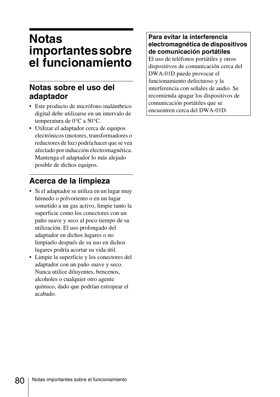 Notas importantes sobre el funcionamiento, Notas sobre el uso del adaptador, Acerca de la limpieza | Sony DWA-01D User Manual | Page 80 / 83