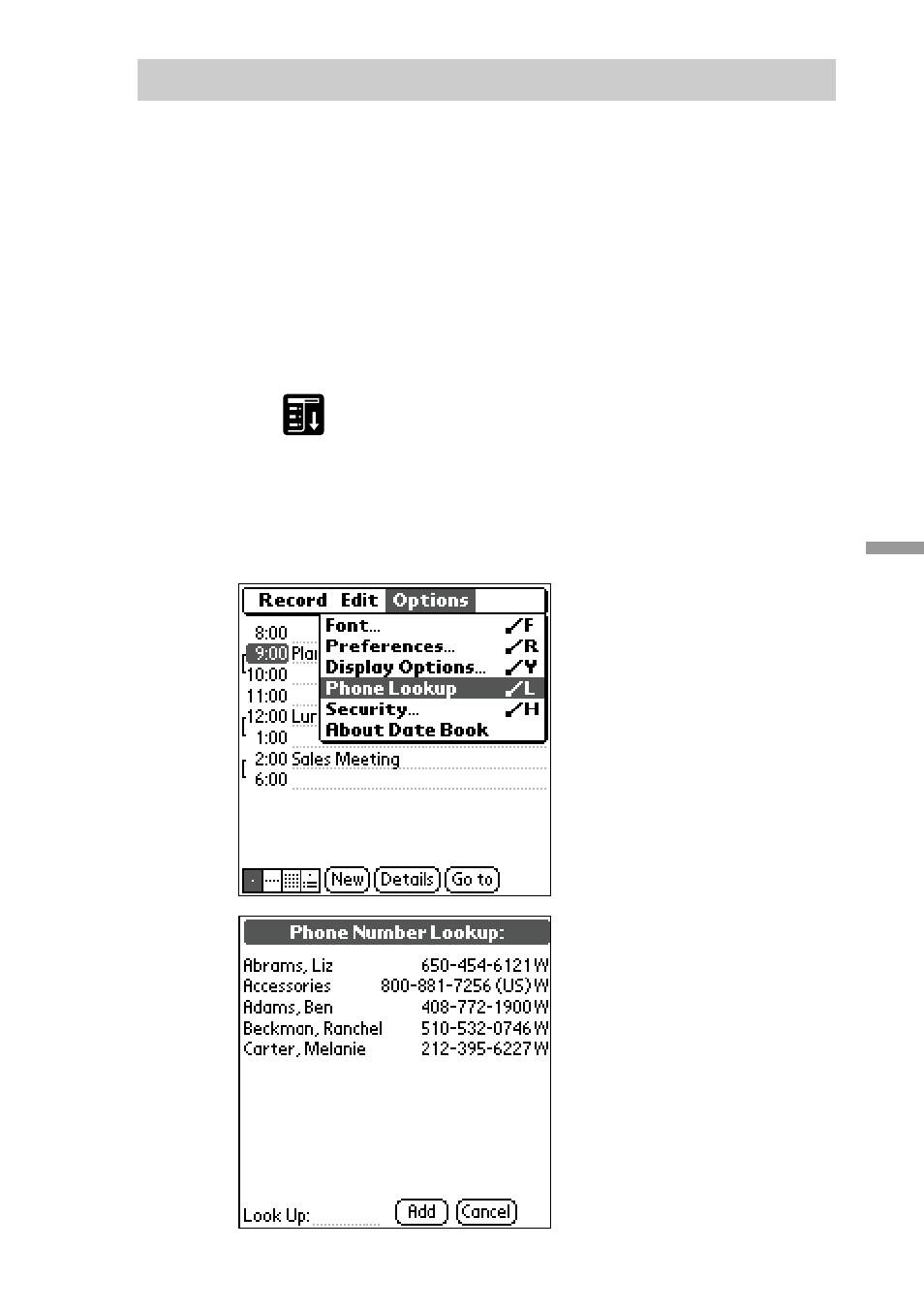 Using the phone lookup option | Sony PEG-S300 User Manual | Page 113 / 192