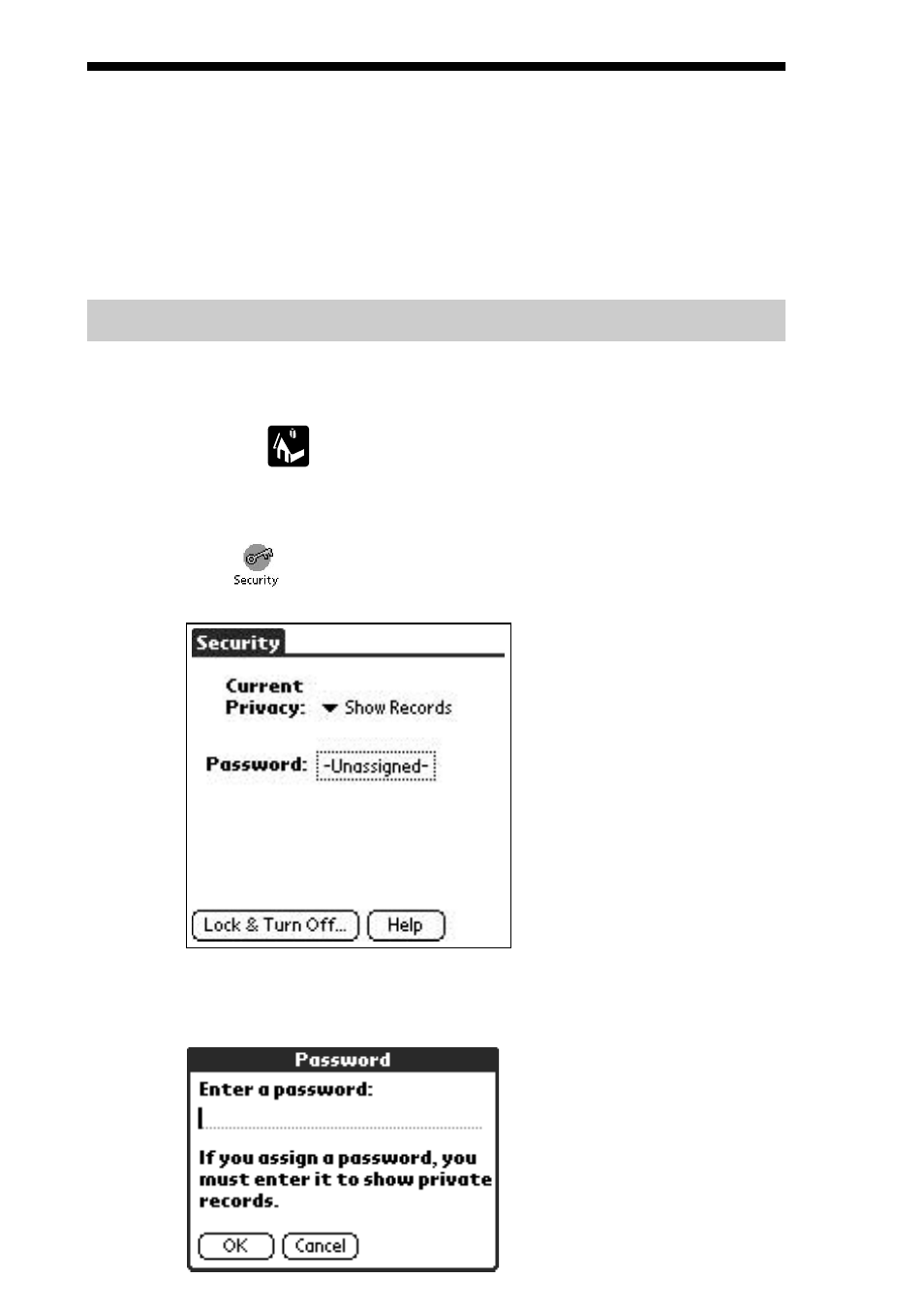 Protecting data, Assigning a password | Sony PEG-S300 User Manual | Page 122 / 192