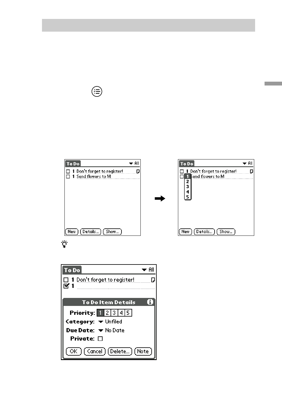 Setting to do list priorities | Sony PEG-S300 User Manual | Page 71 / 192