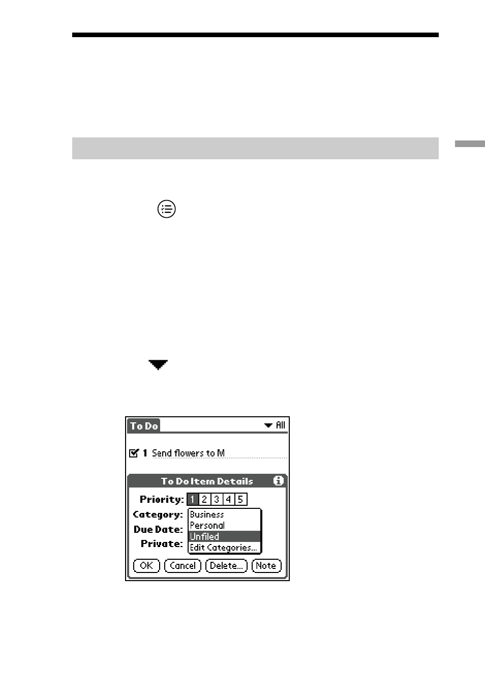 Changing priorities and due dates, Assigning a category | Sony PEG-S300 User Manual | Page 73 / 192