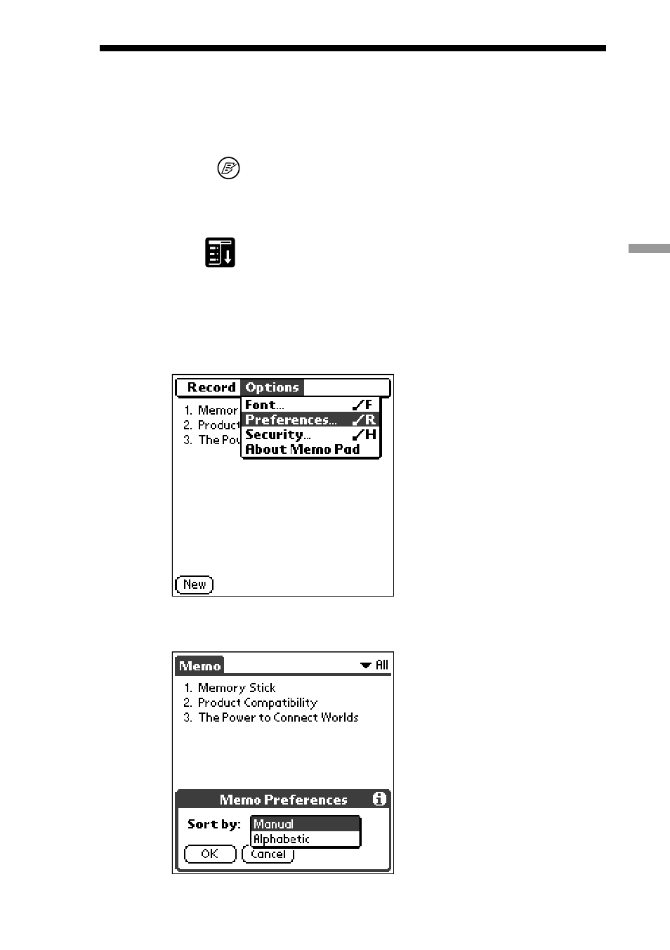 Sorting memos | Sony PEG-S300 User Manual | Page 85 / 192