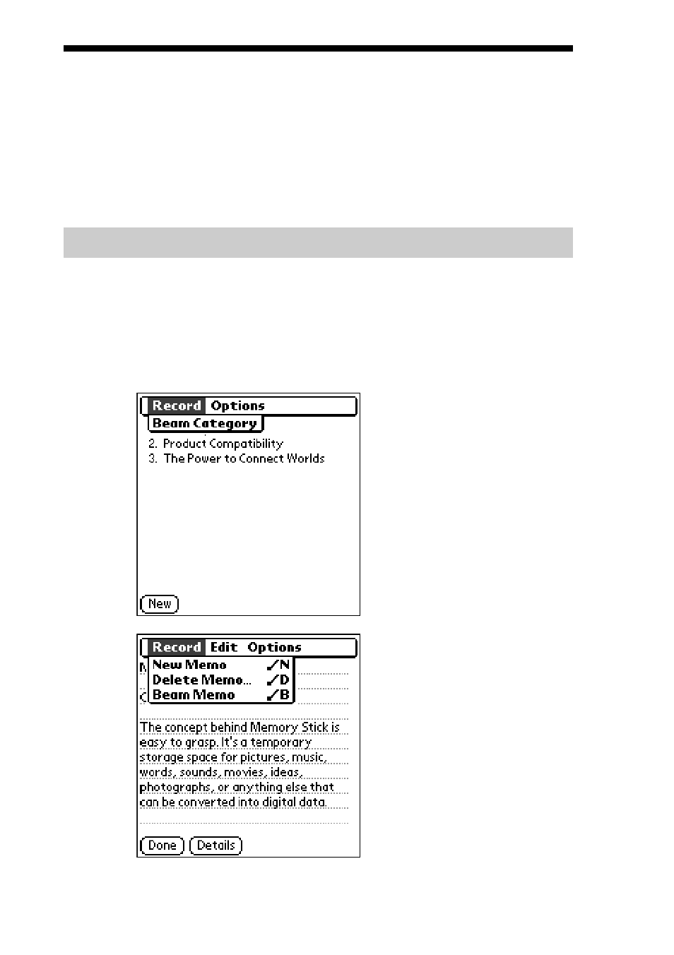 Memo pad menu commands, The memo pad record menus | Sony PEG-S300 User Manual | Page 90 / 192