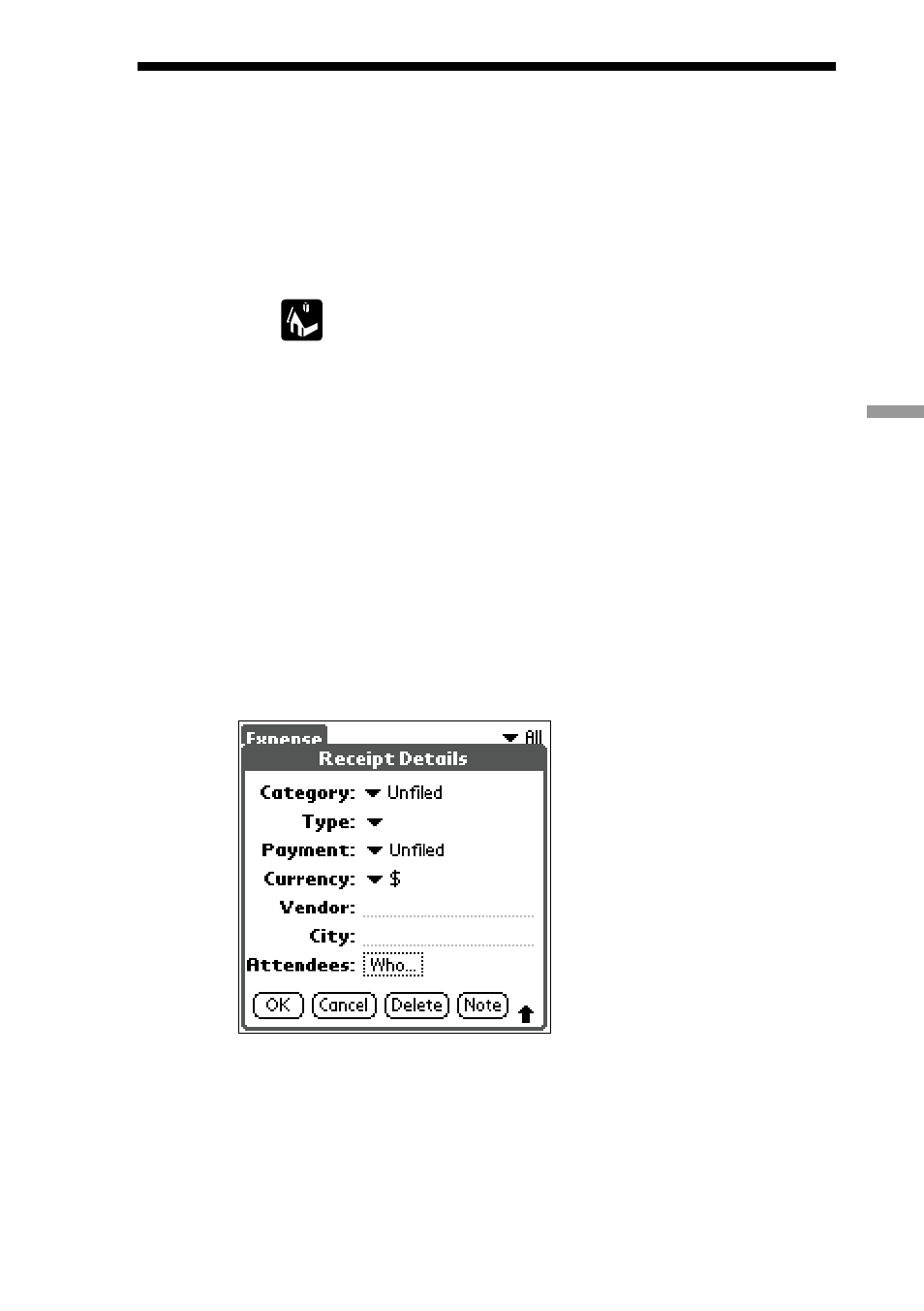 Adding detailed information to an expense item | Sony PEG-S300 User Manual | Page 99 / 192